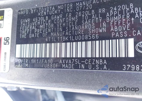 2020 Toyota Camry Le Awd from USA, damaged, VIN 4T1L11BK1LU008566
